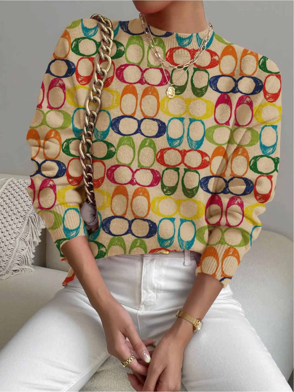 Women's Luxury Monogram Pattern Knit Trendy Sweater Colorful Rainbow Crewneck XL